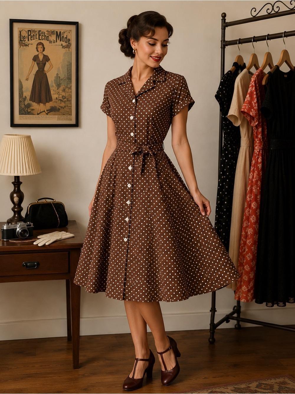Robbie Bee Brown Polka Dot Midi Dress